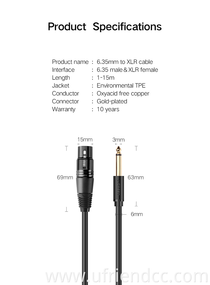 Gold Plated 6.35mm TRS Audio Jack to XLR DMX Cable